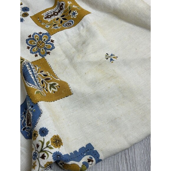 Vintage 47” Square Linen Tablecloth Blue Yellow Floral PA Dutch Style Stained - Picture 5 of 7